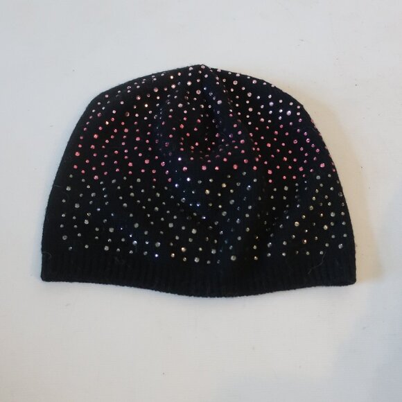 Women Carolyn Rowan Black Extrafine Merino Wool Rainbow Crystal Beanie Hat OS - Picture 1 of 5